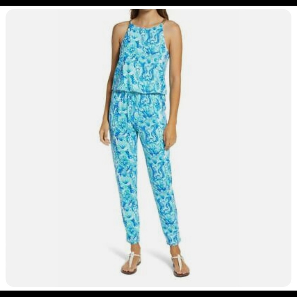 Lilly Pulitzer Keeran Jumpsuit Sea Glass Aqua Seeing Double Mermaids Medium